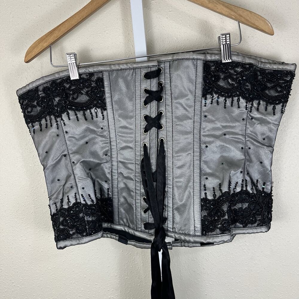 Corset Story Silver Beaded Lace Corset Size 38 Steel Boning Satin Lacing $299 - Picture 5 of 6